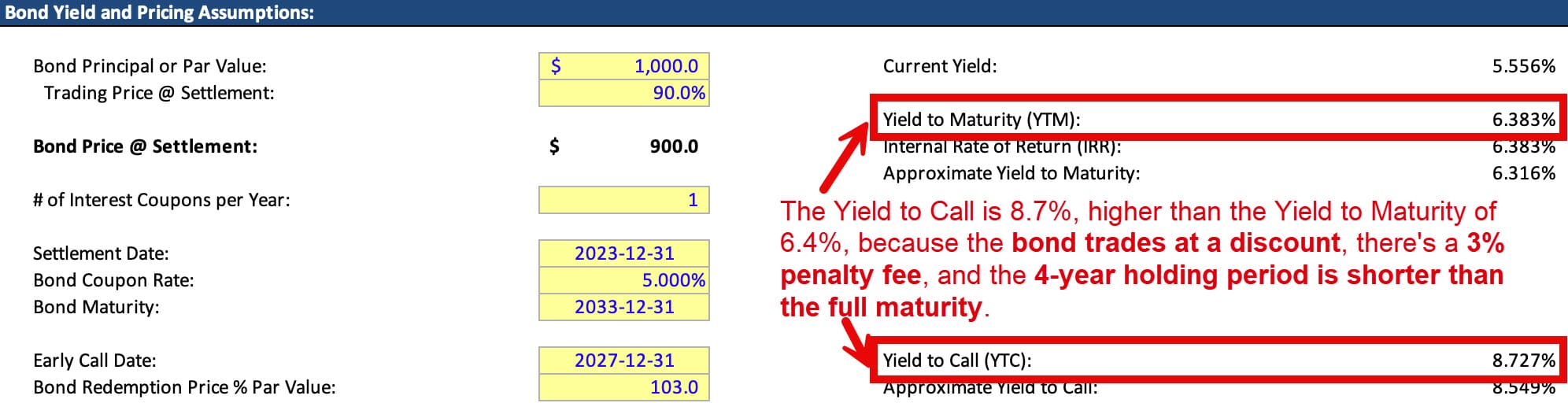 Yield to Call Setup in Excel Yield to Call Setup in Excel