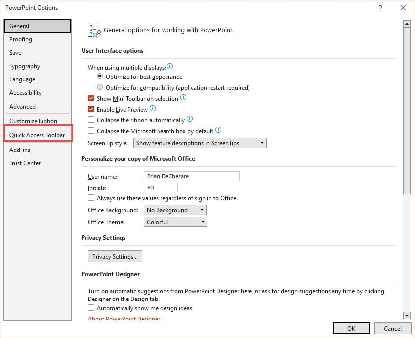 Options Menu in PowerPoint Options Menu in PowerPoint